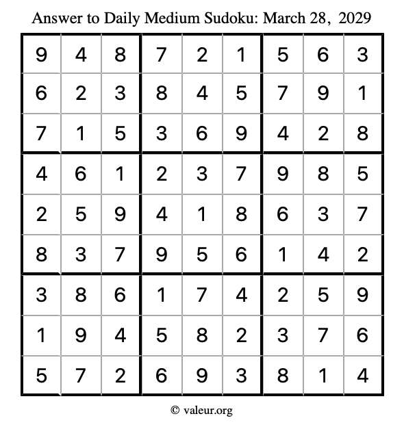 Answer to medium sudoku March 28, 2029