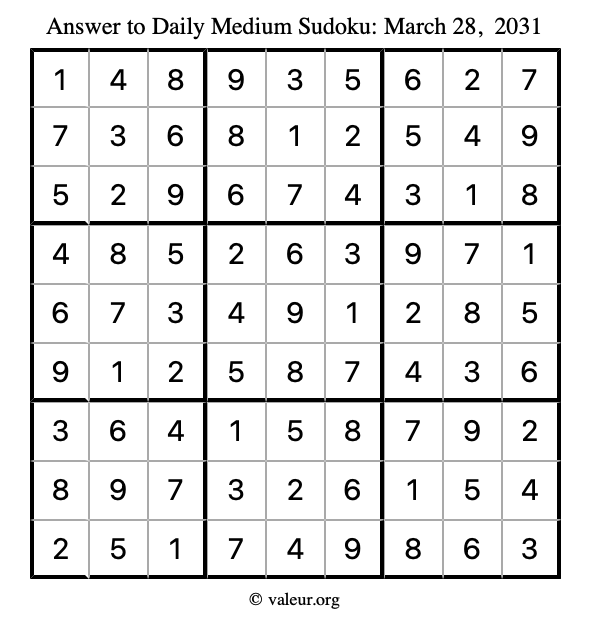 Answer to medium sudoku March 28, 2031