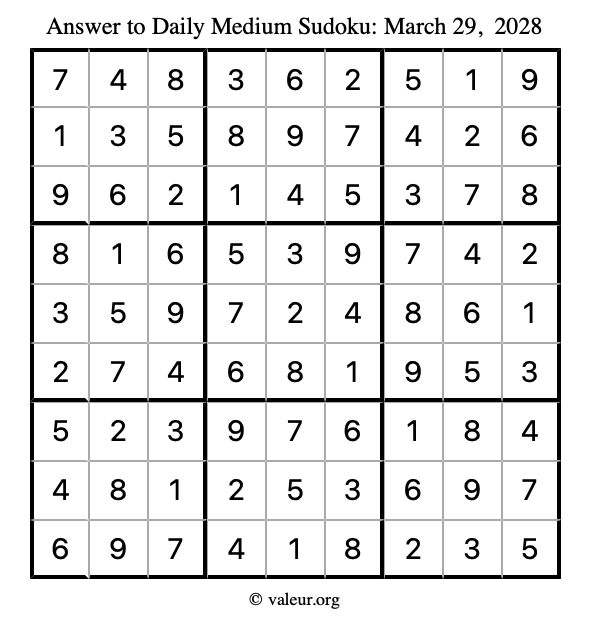 Answer to medium sudoku March 29, 2028