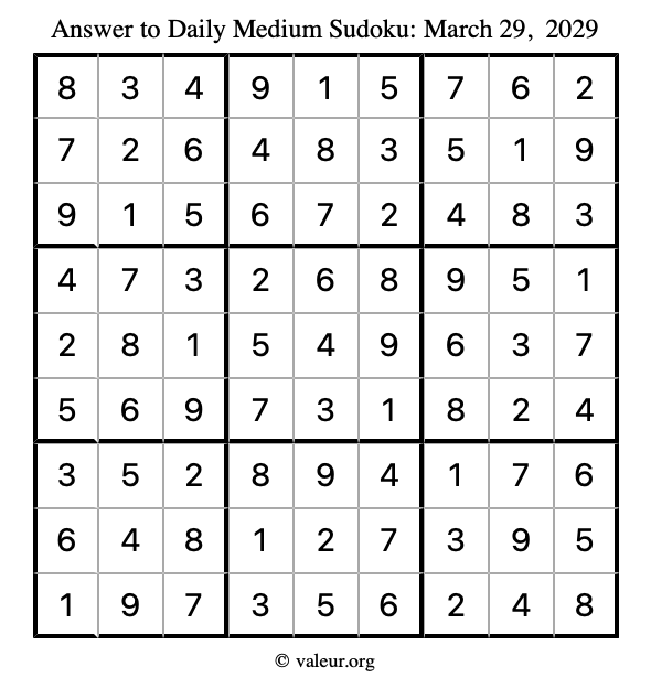 Answer to medium sudoku March 29, 2029