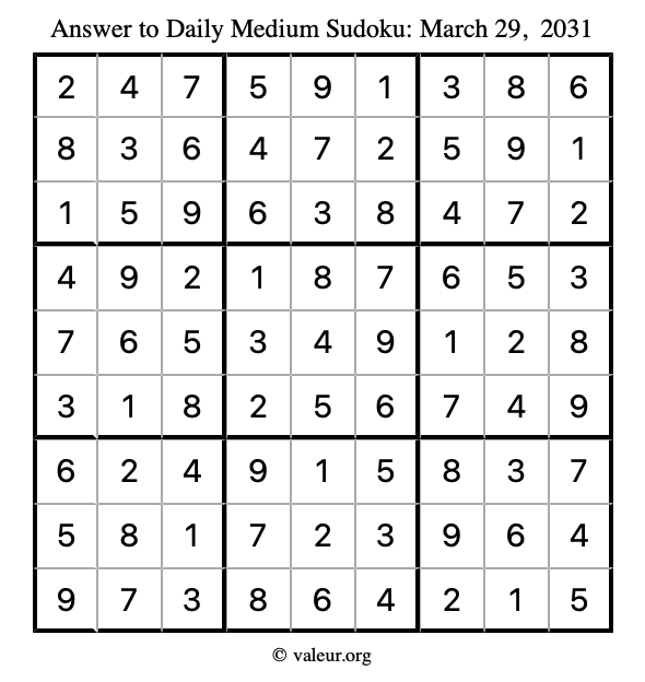 Answer to medium sudoku March 29, 2031