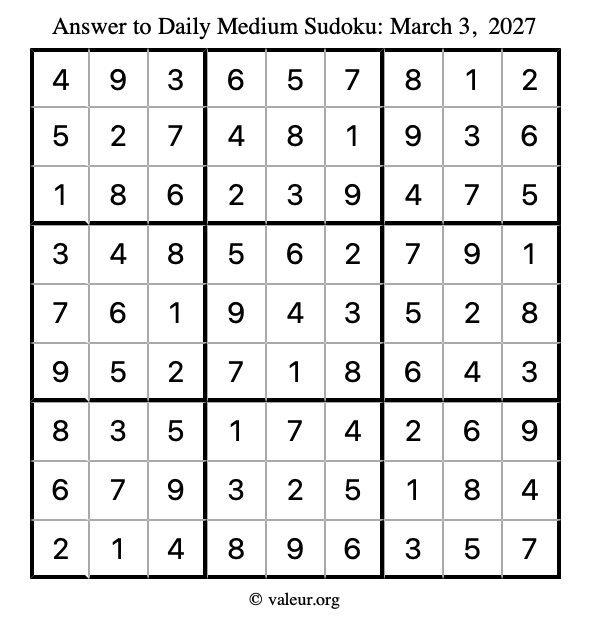 Answer to medium sudoku March 3, 2027