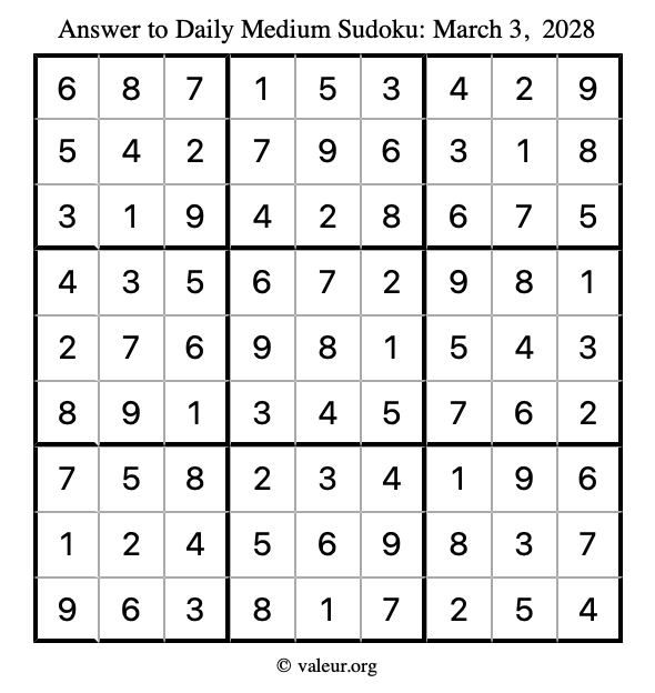 Answer to medium sudoku March 3, 2028