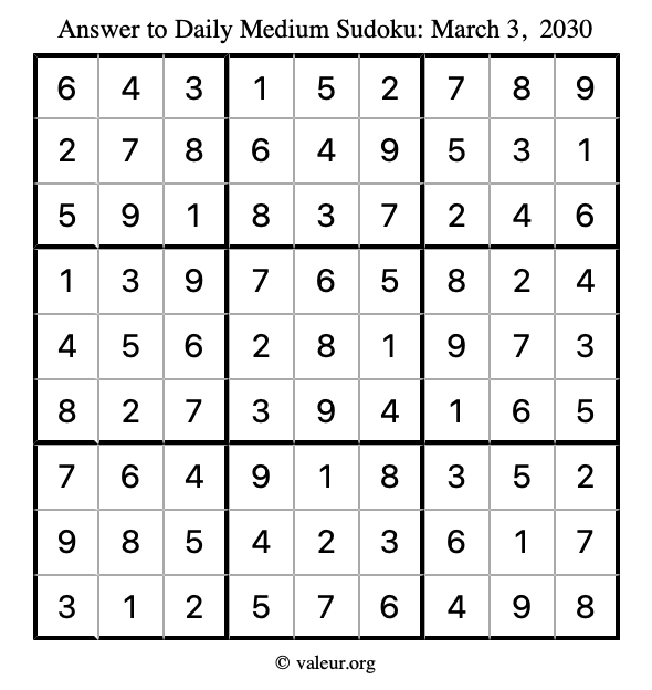 Answer to medium sudoku March 3, 2030