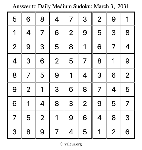 Answer to medium sudoku March 3, 2031