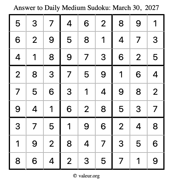 Answer to medium sudoku March 30, 2027