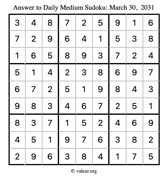 Answer to medium sudoku March 30, 2031