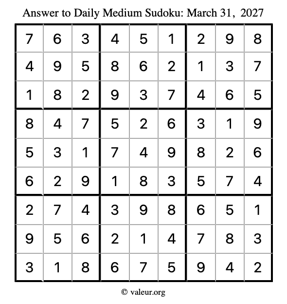Answer to medium sudoku March 31, 2027