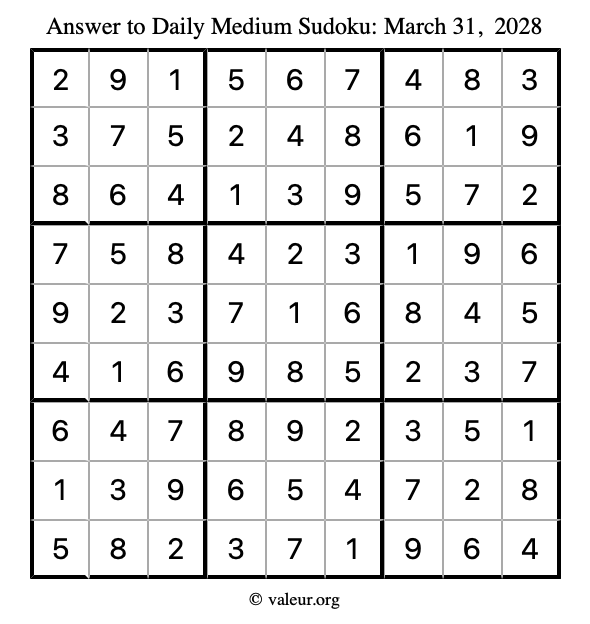 Answer to medium sudoku March 31, 2028
