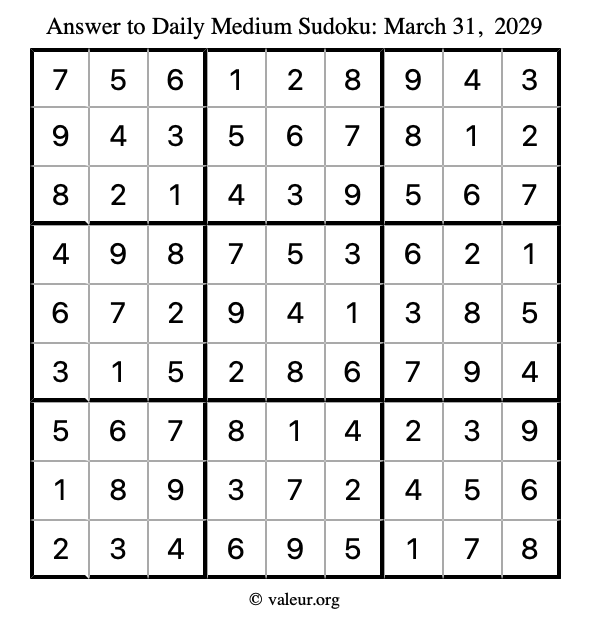 Answer to medium sudoku March 31, 2029