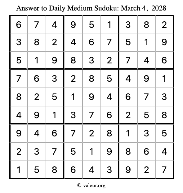 Answer to medium sudoku March 4, 2028