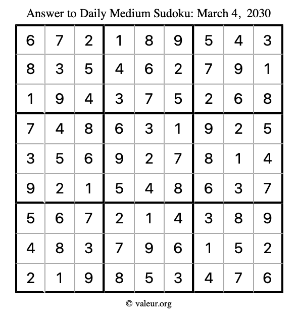 Answer to medium sudoku March 4, 2030