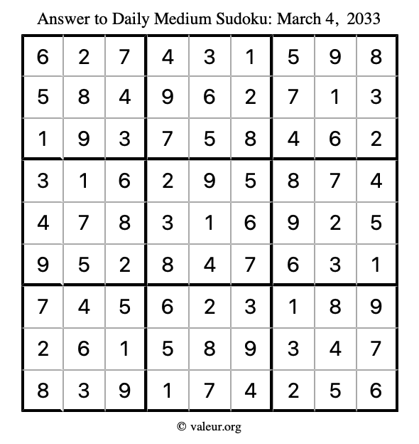 Answer to medium sudoku March 4, 2033