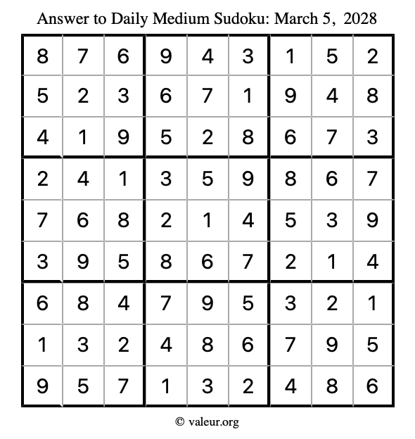 Answer to medium sudoku March 5, 2028