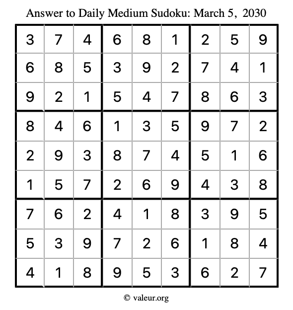 Answer to medium sudoku March 5, 2030