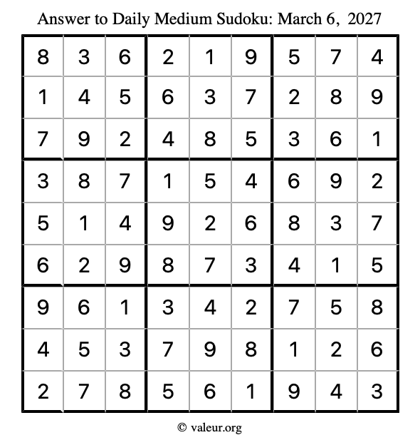 Answer to medium sudoku March 6, 2027
