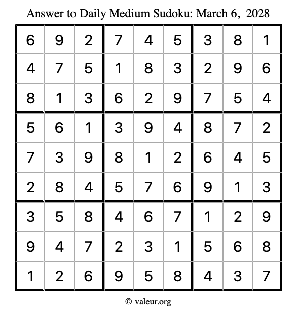 Answer to medium sudoku March 6, 2028