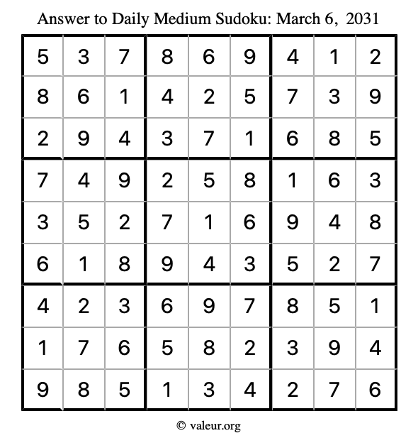 Answer to medium sudoku March 6, 2031