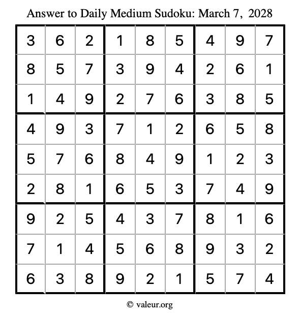 Answer to medium sudoku March 7, 2028