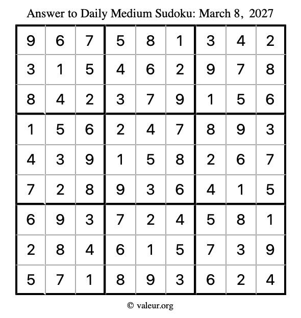 Answer to medium sudoku March 8, 2027