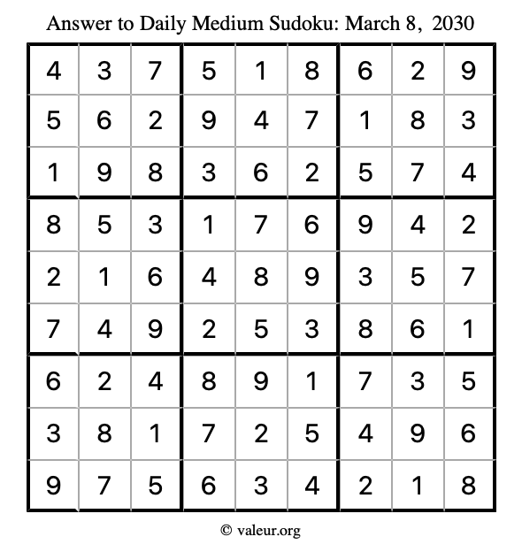 Answer to medium sudoku March 8, 2030