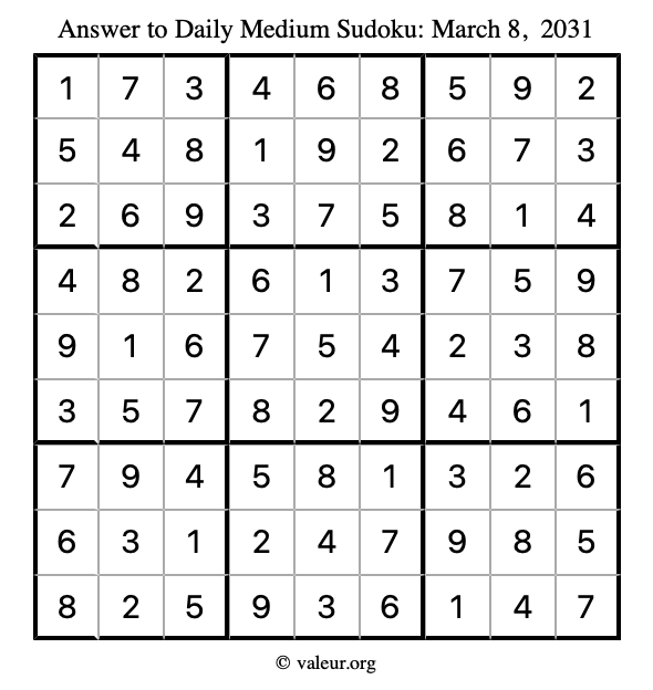 Answer to medium sudoku March 8, 2031