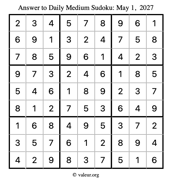 Answer to medium sudoku May 1, 2027