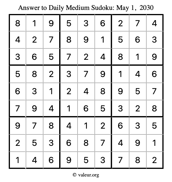 Answer to medium sudoku May 1, 2030