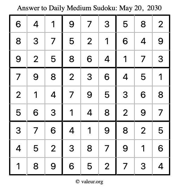 Answer to medium sudoku May 20, 2030