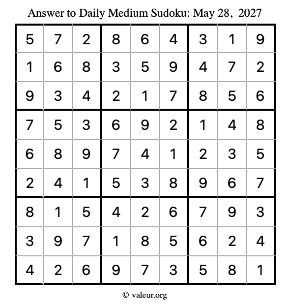 Answer to medium sudoku May 28, 2027