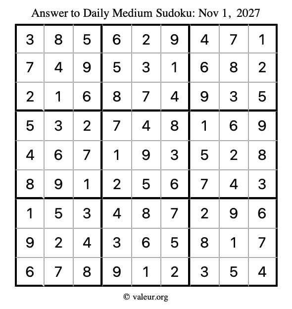 Answer to medium sudoku November 1, 2027