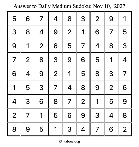 Answer to medium sudoku November 10, 2027
