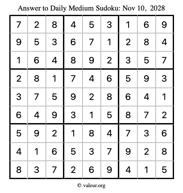 Answer to medium sudoku November 10, 2028