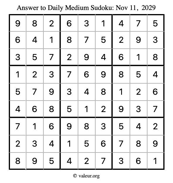 Answer to medium sudoku November 11, 2029