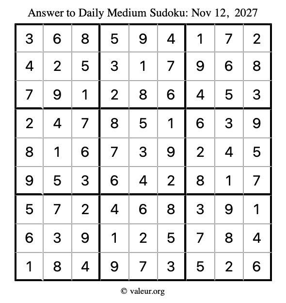 Answer to medium sudoku November 12, 2027