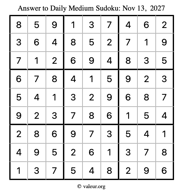 Answer to medium sudoku November 13, 2027