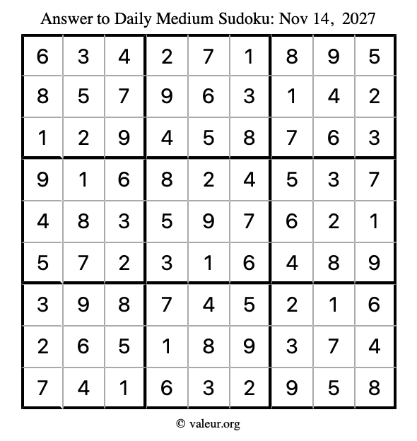 Answer to medium sudoku November 14, 2027