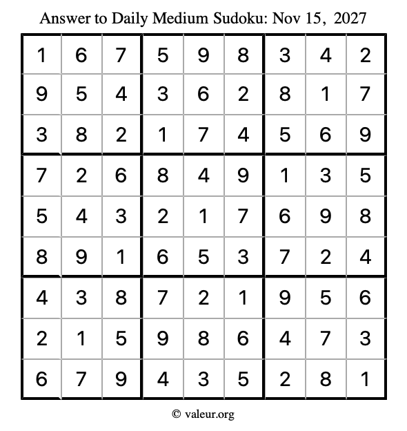 Answer to medium sudoku November 15, 2027