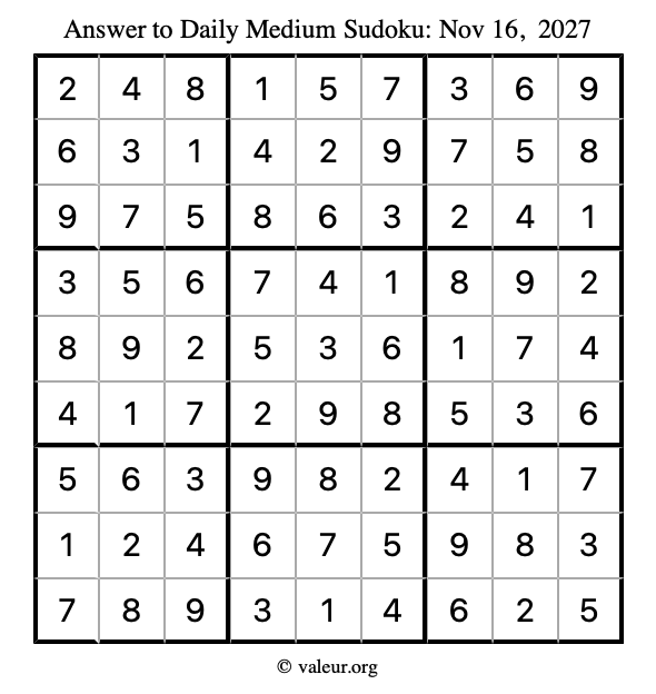 Answer to medium sudoku November 16, 2027