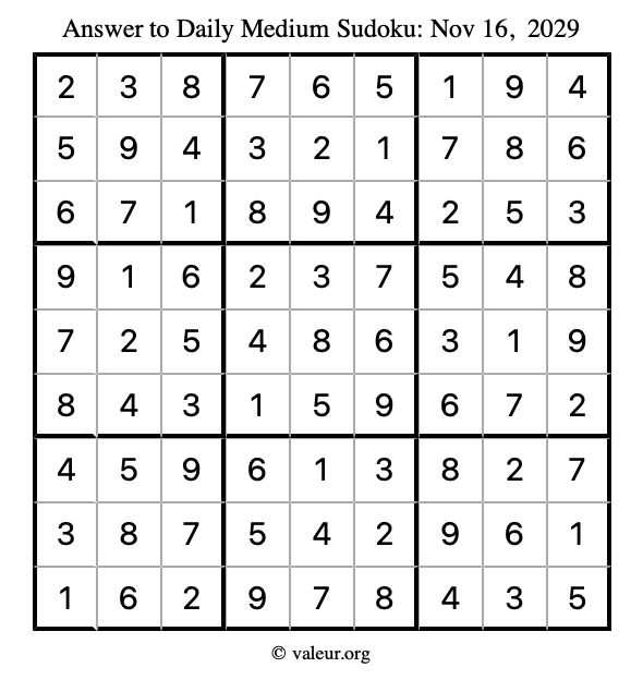 Answer to medium sudoku November 16, 2029