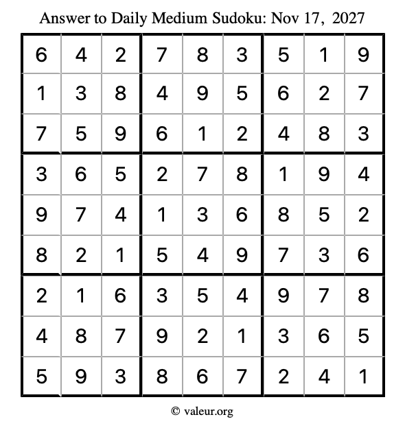 Answer to medium sudoku November 17, 2027
