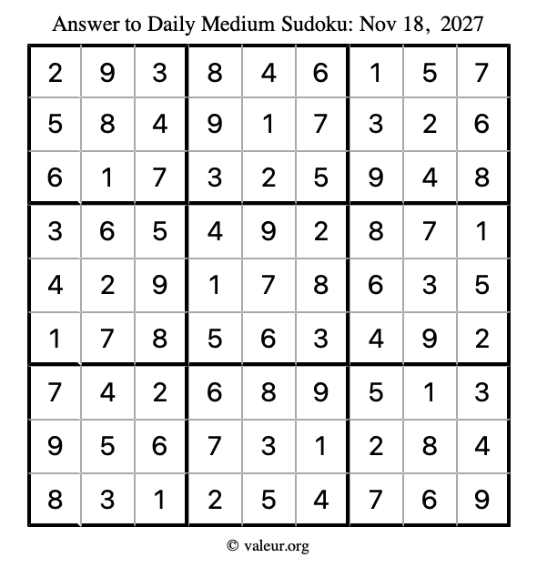 Answer to medium sudoku November 18, 2027