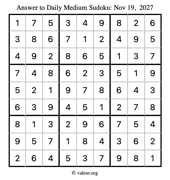 Answer to medium sudoku November 19, 2027