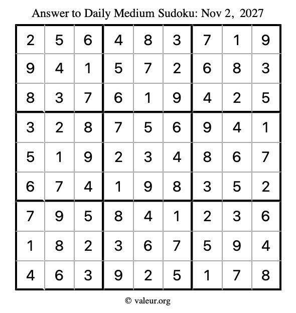 Answer to medium sudoku November 2, 2027