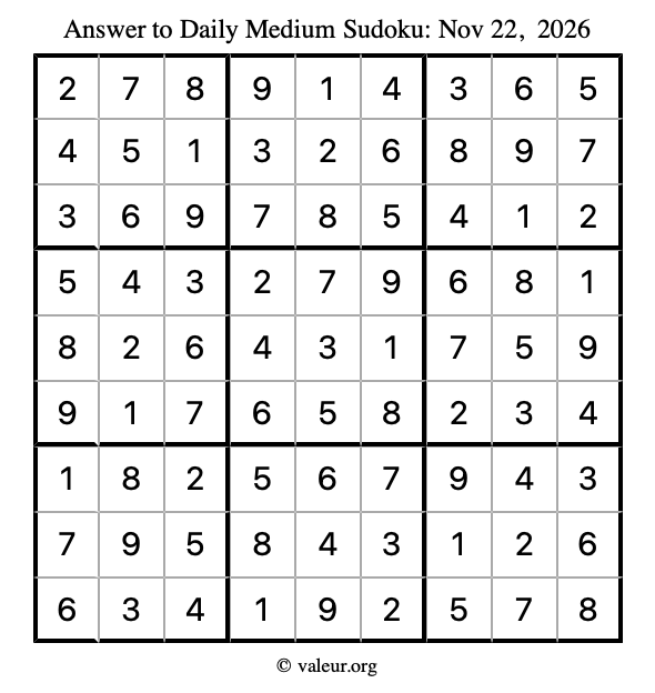 Answer to medium sudoku November 22, 2026