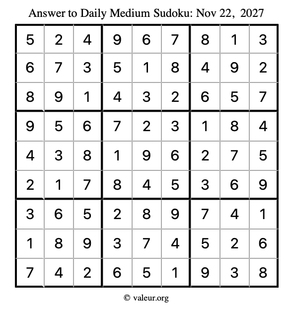 Answer to medium sudoku November 22, 2027
