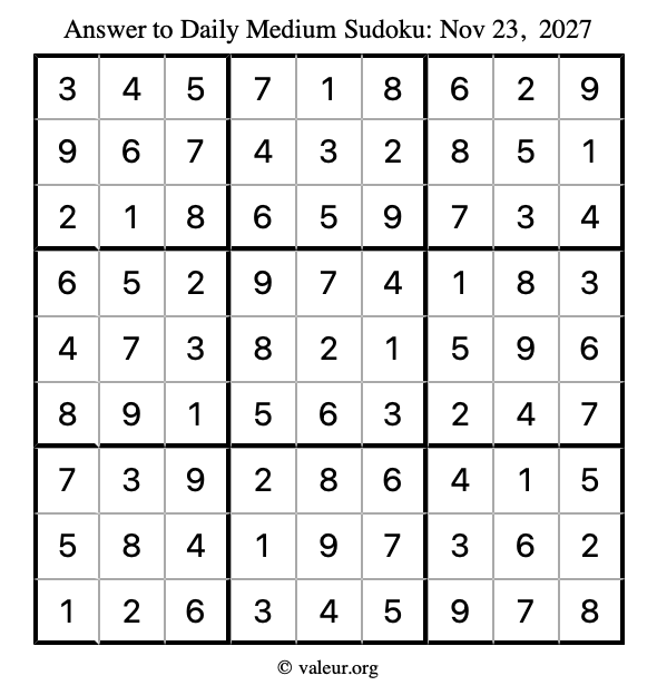 Answer to medium sudoku November 23, 2027
