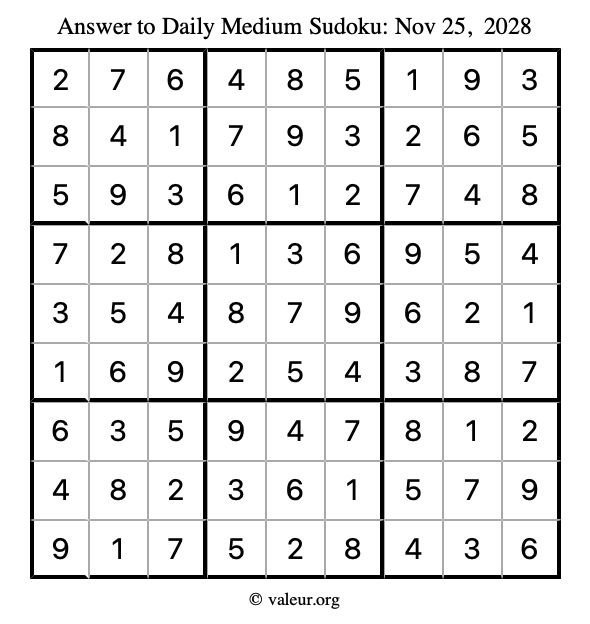 Answer to medium sudoku November 25, 2028