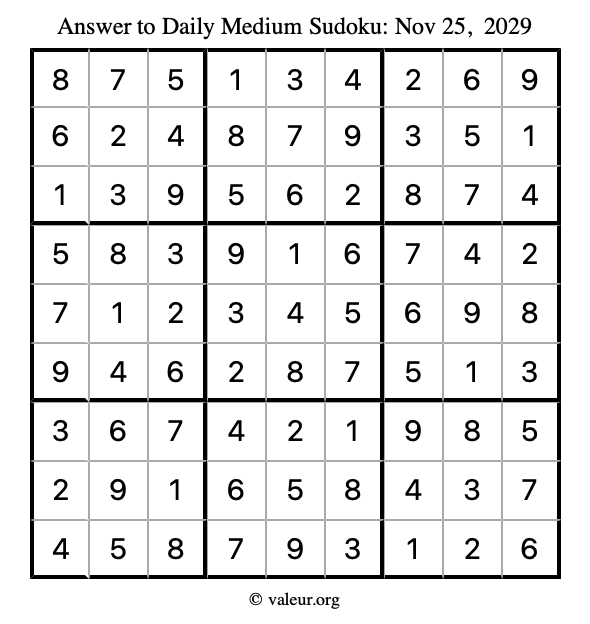 Answer to medium sudoku November 25, 2029