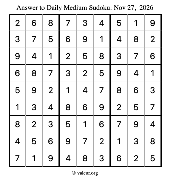 Answer to medium sudoku November 27, 2026